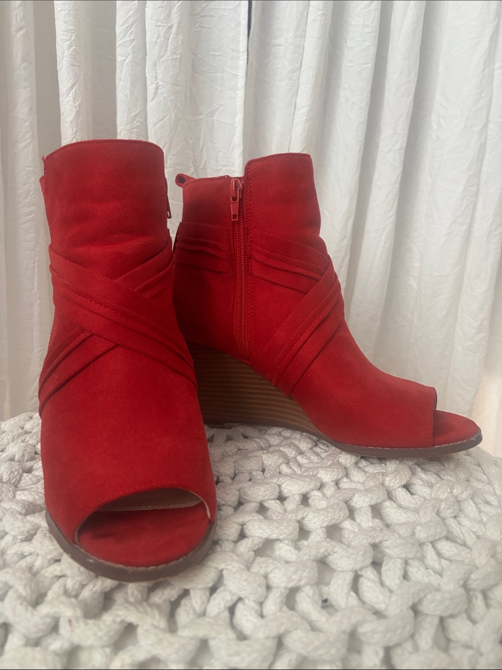 Women's Red Peep-Toe Ankle Booties with Side Zip